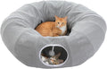 PEQULTI Grey Donut Cat Tunnel Bed Washable Plush Mat Multi for Small Pets | Round play tube with soft detachable plush mat, multi-pet toy fit indoor cats, kittens, puppies, rabbits and ferrets