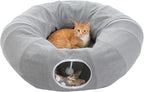 PEQULTI Grey Donut Cat Tunnel Bed Washable Plush Mat Multi for Small Pets | Round play tube with soft detachable plush mat, multi-pet toy fit indoor cats, kittens, puppies, rabbits and ferrets