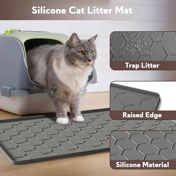 Garoopion Silicone Cat Litter Mat 24×16 inch, Easy to Clean, Dark Gray | Waterproof Silicone Mat with Raised Edges, Catch Litter, Protect Floor from Urine, Multi-Use for Dog/Sink/Kitchen/Boots