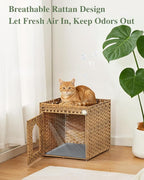SETVSON Cat Litter Box Enclosure Furniture, Hidden PE Rattan, Natural | PE Rattan Kitty House with Top Fence, Fits Standard Litter Box, Included Litter Mat, 2 S-Hooks, Sturdy Metal Frame