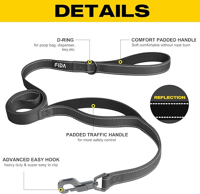 Fida 5 FT Heavy Duty Dog Leash with 2 Comfortable Padded Handles, Traffic Handle & Advanced Easy Snap Hook, Reflective Walking Lead for Large, Medium & Small Breed Dogs, Black