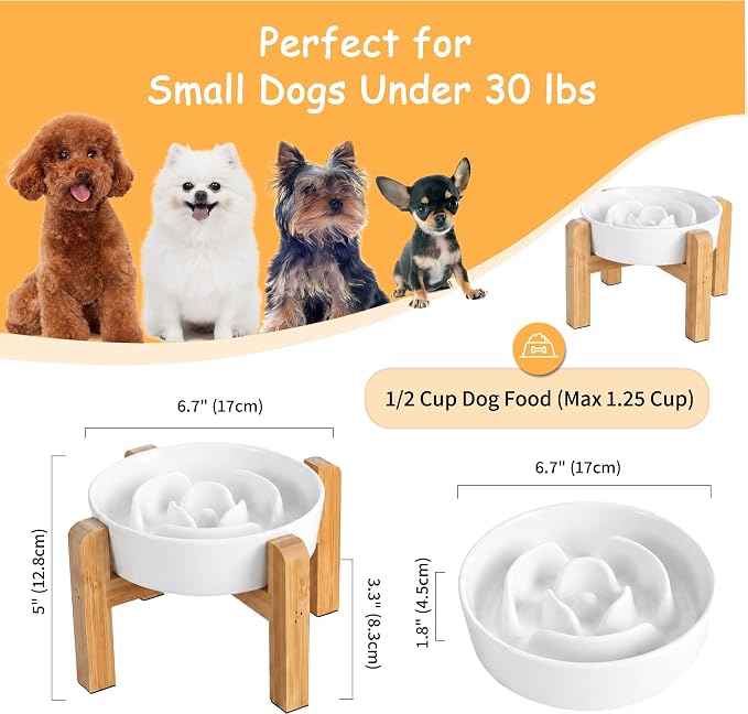 Elevated Slow Feeder Dog Bowl, 6.7" Ceramic Maze Dog Bowl with Stand | 1.5 Cups Slow Feeding Dog Dish for Fast Eaters, 5" Tall Anti-Slip Raised Slow Feeder for Small and Medium Breeds, White