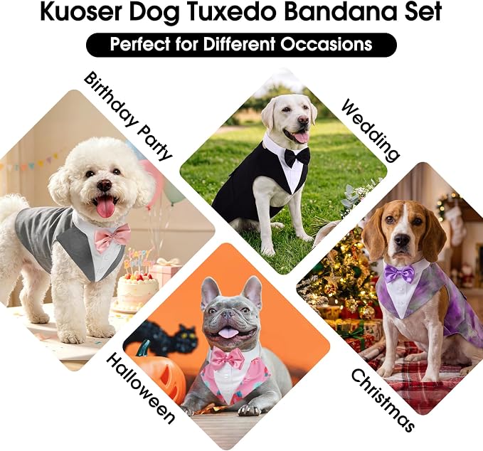 Kuoser Dog Tuxedo, Dog Suit and Bandana Set, Dogs Costume with D-Ring | Formal Dog Outfit with Detachable Bowtie Collar for Wedding, Birthday, Party, Christmas, Halloween, Black M