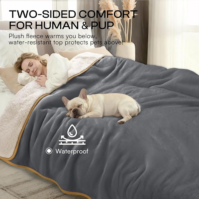 Luciphia Waterproof Blanket for Large Dog, Reversible Sherpa Couch Cover | waterproof pet blanket sherpa fleece reversible couch cover bed protector car from spills scratches, Grey+Beige 65" x 57"