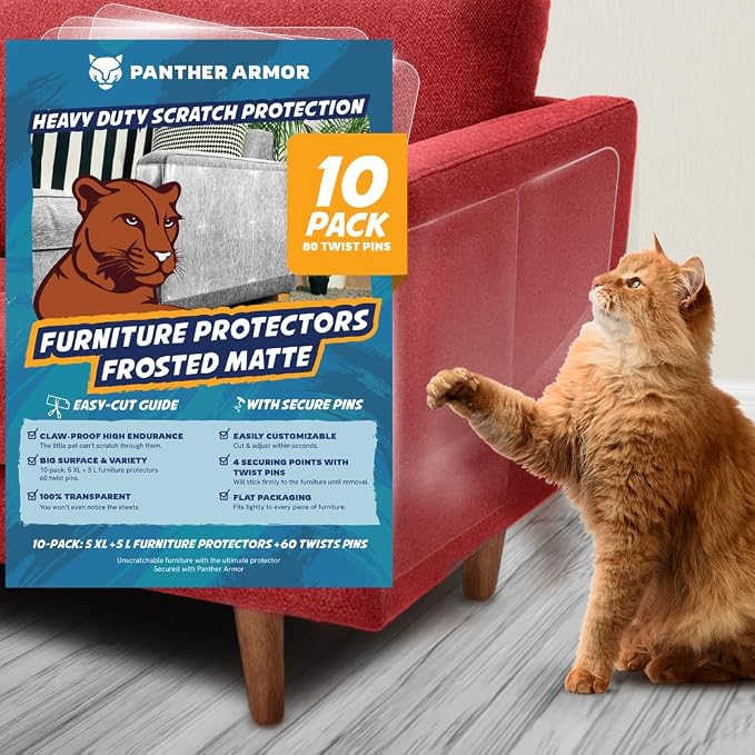 Panther Armor Cat Furniture Protector, 10 Matte Sheets with Twist Pins | Solid barrier shield, not a sticky deterrent. Couch protector from cat claws. 5 XL plus 5 large sheets, removable