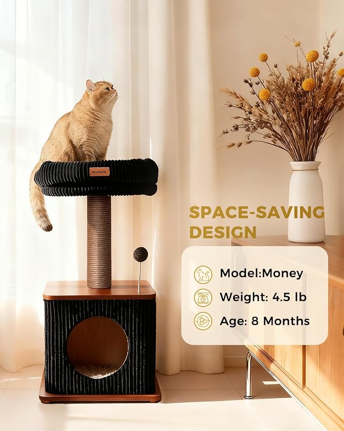Nordic Loft Cat Tree, Compact 30" Walnut Wood Tower for Kittens | Walnut Wood Finish, Soft Padded Perch, Sisal Scratching Post, Cozy Hideaway Condo, Floor-Mounted Stable Base, Indoor Use