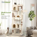 Globlazer F66 Corner Cat Tree, 66in Multi-Level Climbing Tower, Beige | Kitty Condos Cat Scratching Tower for Indoor Multiple Cats with Large Platform, 3 Cat Caves, Hanging Basket