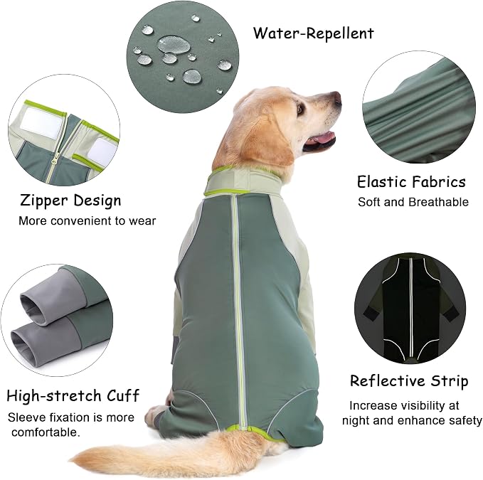 Dog Onesie Coat - Water-Repellent & Stretchable, Dirt-Resistant Outdoor Puppy Suit with Reflective Strips | Controls Shedding | for Small, Medium, Large Dogs (Olive Green, 4XL(Weight 50-70 lbs))