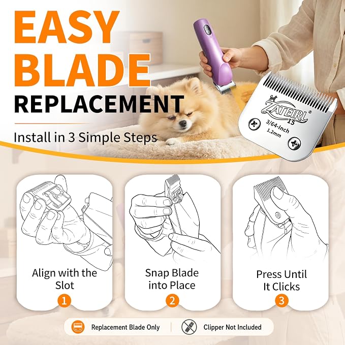 Size 15 Detachable Pet Grooming Clipper Blade with Ceramic Cutter, 1.2mm 3/64 Inch Cut Length, Silver, Compatible with Andis, Oster A5, Wahl KM10, 3 Pack