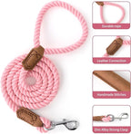 Mile High Life Dog Leash Braided Cotton Rope with Leather-Reinforced Ends | Rust-proof 360° swivel clasp, Heavy-duty for medium/large breeds. Great for weddings, daily walks (5 FT, 1/2", Pink)