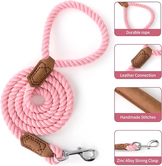 Mile High Life Dog Leash Braided Cotton Rope with Leather-Reinforced Ends | Rust-proof 360° swivel clasp, Heavy-duty for medium/large breeds. Great for weddings, daily walks (6 FT, 1/2", Pink)