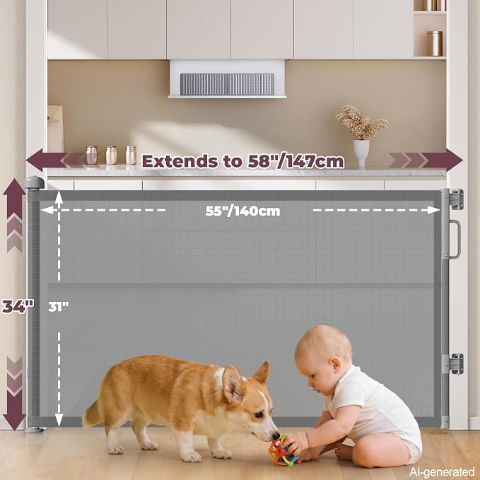 Retractable Baby Gates for Doorway, 58" Wide Mesh Dog Gate for Stair | 34" Tall Toddler Pet Gate Extra Wide Indoor and Outdoor, Easy Install, Essential for Home Safety, Gray