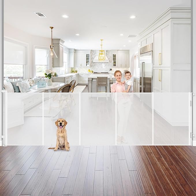 Reinforced 42" Tall Baby Gate 96" Wide Retractable Dog Gate Indoor/Outdoor | Tall Retractable Gate Prevent Crawling Under, Easy One-Hand Operation Safety Lock, Scratch-Resistant Mesh, Easy Install/White