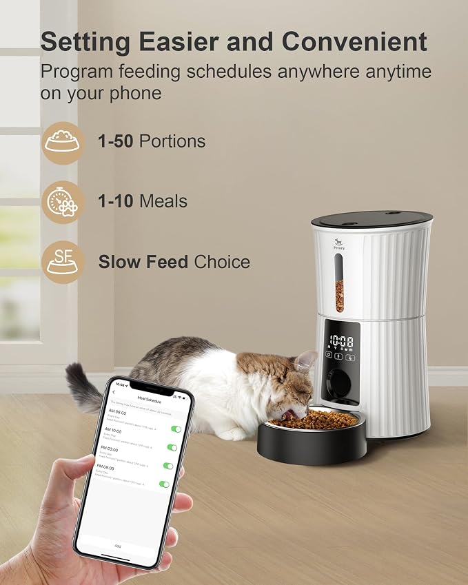 Petory Automatic Cat Feeder - 2.4G WiFi Pet Feeder for Cats and Small Dogs | 4L, Up to 10 Meals Daily, Programmable Portion Control, Dual Power Supply, 10-Second Voice Recorder
