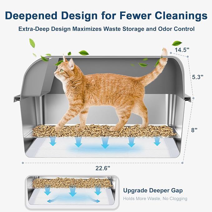 Suzzipaws XL Stainless Steel Sifting Litter Box with Lid for Pine Pellets | 7" Deep High-Sided Non-Stick Stainless Steel Pan with Anti-Leakage and Easy-Clean for Big Cats Using Pellets