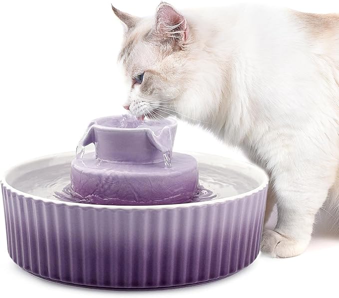 Ceramic Cat Water Fountain, Pet Ceramic Water Fountain, 2.1 L Drinking Fountains Bowl for Cats and Dogs with Replacement Filters and Foam(Purple)