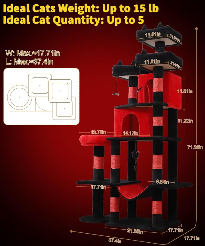 Gothic Cat Tree, 71 Inch Heavy Duty Cat Trees for Large Cats | Cat Tree Tower for Indoor Cats Large Adult with Cat Scratching Post & 2 Condos, 9 Sisal Posts & Hammock, Black Red