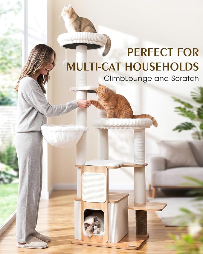 63" Heavy Duty Cat Tree for Indoor Cats, Sturdy Cat Tower for Large Cats with Scratching Post, Plush Top Perch, Cat Condo (Natural Wood)