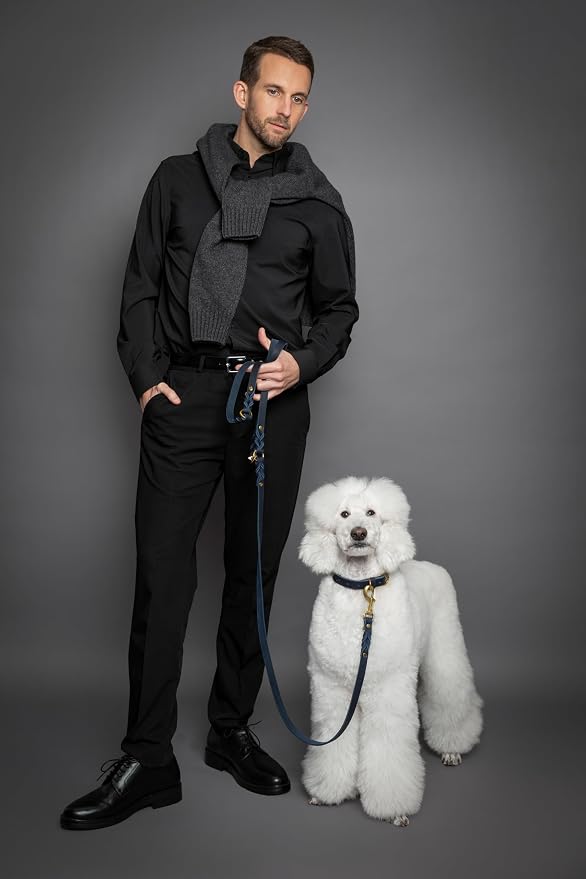 NOAH & PAW Leather Dog Leash, Premium Oil-Waxed Leather Braided, 8 ft Long Dog Leash with 6 Ways to Use Hands-Free, Quick-tie, Double Pet Lead Etc. Matching Collar Available. (Dark Blue)