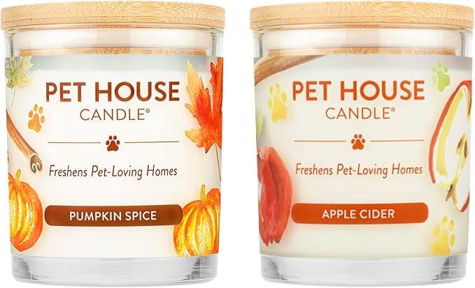 Pet Odor Candles 2 Pack, Plant-Based Soy, Clean Burning Scented Candles for Pet Loving Homes - Pumpkin Spice, Apple Cider 2 Pack