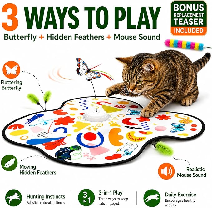 Pet's Var 3-in-1 Interactive Cat Toy for Indoor Cats, Motion Activated Automatic Cat Toy with Moving Feather, Fluttering Butterfly, Mouse Sound, Rechargeable with Bonus Teaser