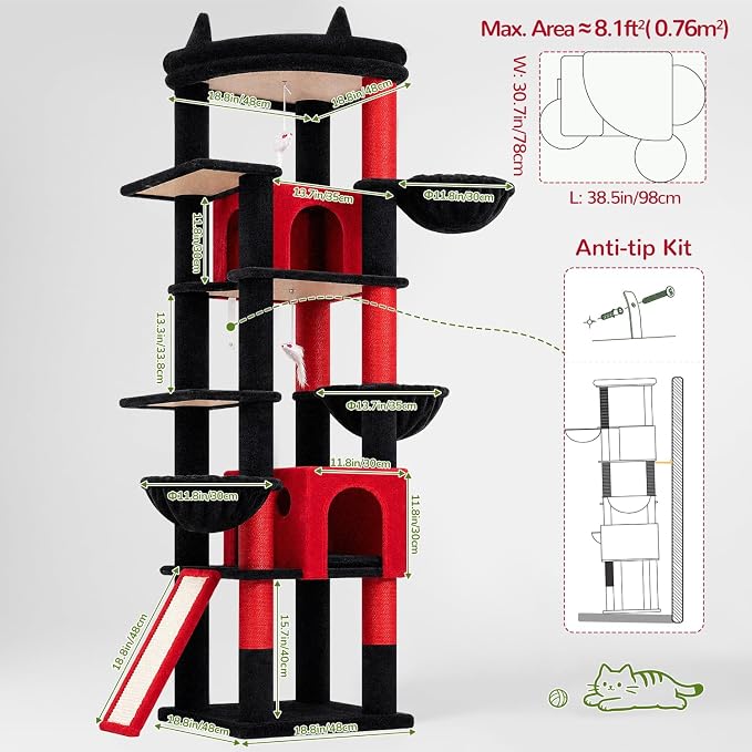 Globlazer Extra Large Gothic Cat Tree, 78 inch Sturdy Tall Cat Tree Tower for Indoor Multiple Large Adult Cats Kittens with 6 Scratching Posts, Enlarged Top Perch, 2 Padded Condos, S78G, Black Red