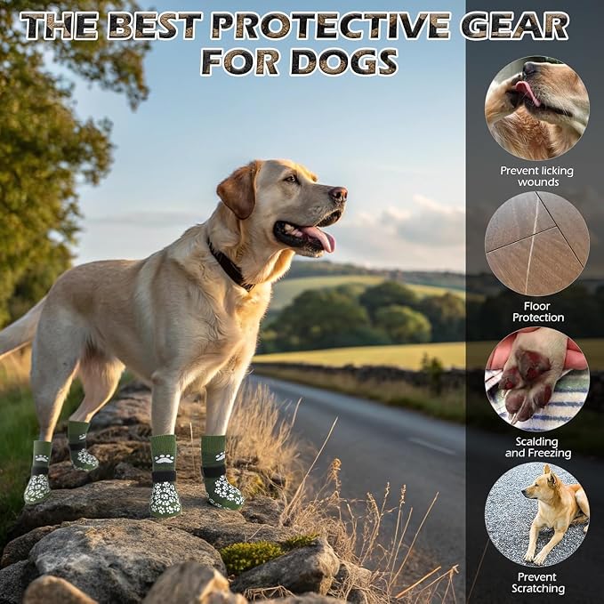 EXPAWLORER Anti Slip Dog Socks to Prevent Licking Paws, Shoes for Hot Pavement, Dog Booties for Small Medium Large Senior Dogs, Traction Control Boots & Paw Protectors for Hardwood Floors ArmyGreen
