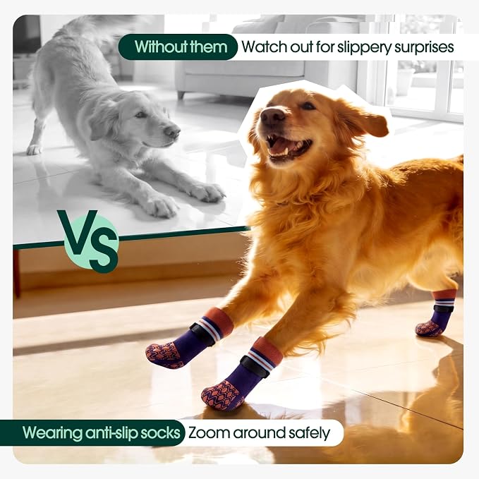 Kuoser Dog Socks for Hardwood Floors Anti Slip, Grippy Socks for Dogs to Prevent Licking Paws, Comfy Booties Dog Anti Scratch Socks Pet Protectors for Jnjured Paw, 4 Pack-XL