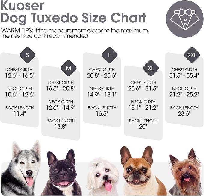 Kuoser Dog Tuxedo, Dog Suit and Bandana Set, Dogs Costume with D-Ring | Formal Dog Outfit with Detachable Bowtie Collar for Wedding, Birthday, Party, Christmas, Halloween, Grey M