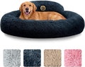 PetJett Dog Beds Large Sized Dog - 36'' Calming Round Bed, Washable Dog Bed - Anti-Slip Super Soft Donut Bed, Fluffy Faux Fur Anti-Anxiety Premium Comfort Pet Bed, Fits Dogs up to 80 lbs - Dark Grey