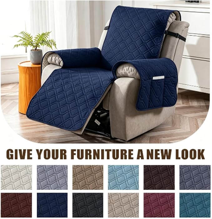 100% Waterproof Recliner Chair Cover, Non-Slip Washable Recliner Slipcover with Elastic Straps & Side Pocket, Stay in Place Furniture Protector for Dogs Cats Kids (Navy Blue, 23)