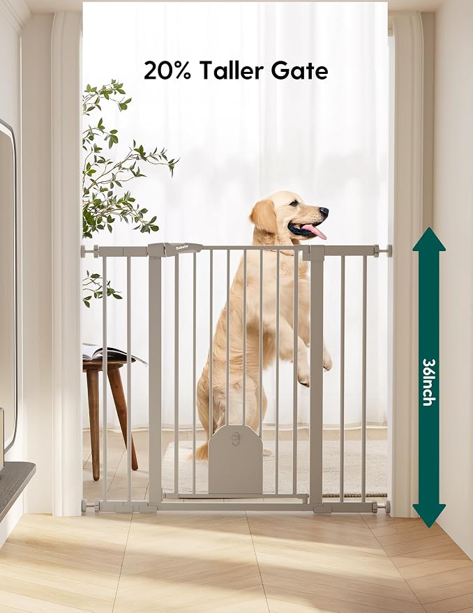 Babelio 36" Tall Baby Gate with Adjustable Cat Door, CatPrivilege I, 29-43" | Auto Close, Safety Gate for Stairs, Easy Walk Thru with Pet Door, Includes 4 Wall Cups and 3 Extension Pieces, Gray