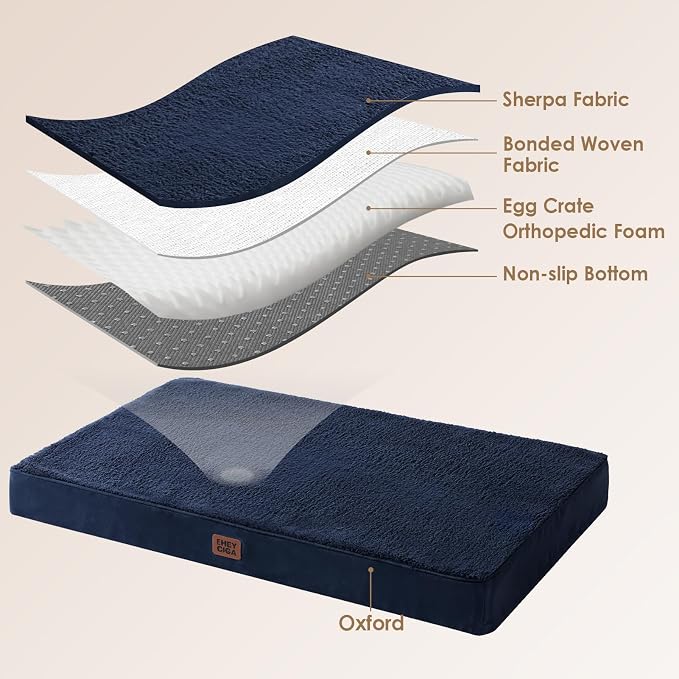 EHEYCIGA Orthopedic Dog Bed Large with Removable Washable Cover,Navy,41x27 | Egg Crate Foam Support,Durable Oxford fabric,Non-Slip Bottom,Machine Washable,Soft Waterproof Plush Pet Bed Mat For Crate