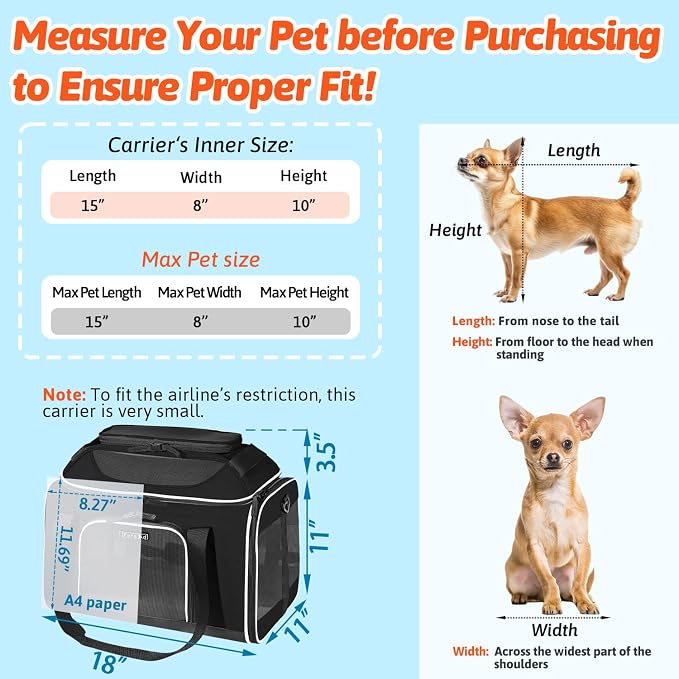 Petskd Top-Expandable Small Pet Carrier 18"x11"x11" Airline Approved | for Delta/American/United Airlines, Lockable Safety Zippers and Anti-Scratch Mesh, Soft-Sided, Pets Under 10 Lbs, Black