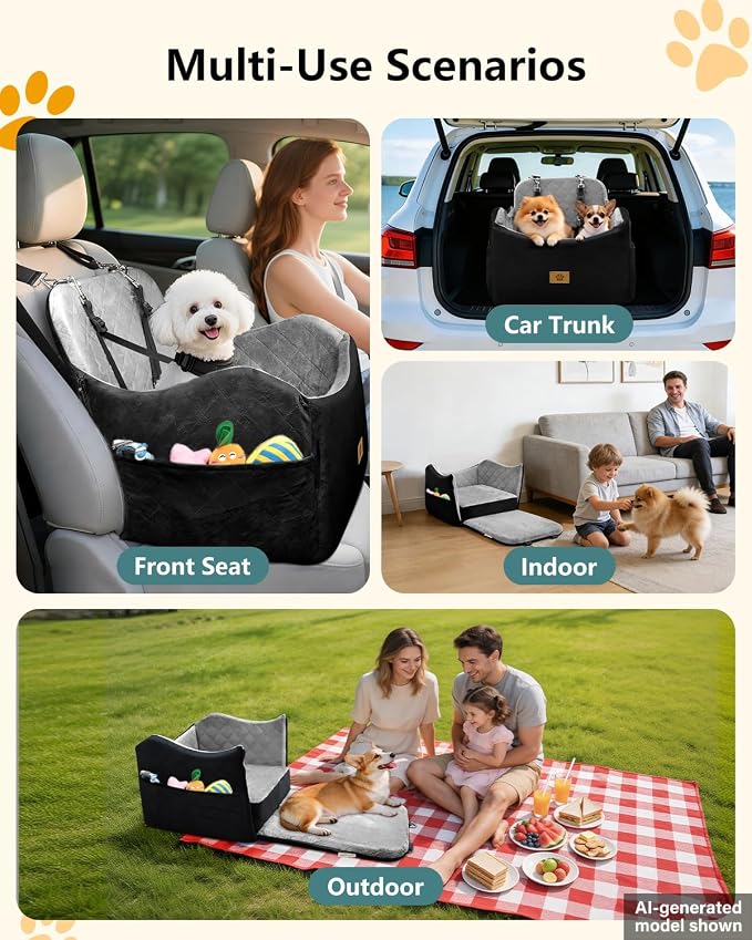 Dog Car Seat for Small/Medium Dogs Up to 35lbs, 2-in-1 Pet Car Seat with Memory Foam, Detachable Washable Dog Bed for Cars, Pet Booster Carseat with Storage Pockets Fits Front/Back Seats (Black/Grey)