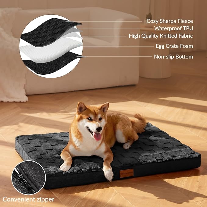 Patas Lague Orthopedic Large Dog Bed Washable Pet Crate Mat 42''X28'' Black | Egg-Crate Foam Dog Couch For Large Sized Dogs, Waterproof Removable Cover, Soft Pet Bed With Nonskid Bottom
