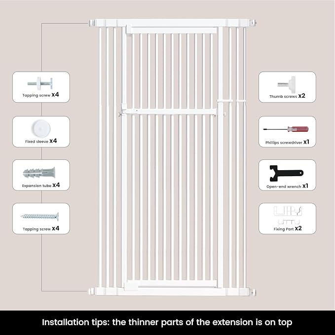 Gardner Pet 51"-87" Extra Tall Cat Gate for Doorway, Wide Adjustable 27.56"-37" Baby Gate Included 4 Extension Kits, Pressure Mounted Safety Full Door Gate for Stairs, Studio, Kitchen (White)