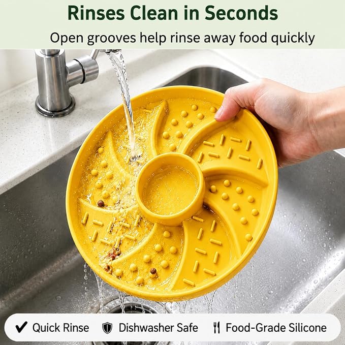 Slow Feeder Dog Bowl Silicone Suction Cup Anti Spill Dogs Cats Yellow | strong suction base prevents sliding, extends mealtime, reduces anxiety, textured surface, dishwasher safe