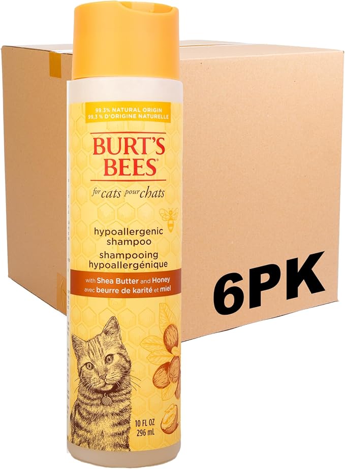 Burts Bees for Pets Hypoallergenic Cat Shampoo, Unscented, 10 Fl Oz, 6-Pk | Gentle shea butter and honey formula for indoor cats with dry or sensitive skin, pH balanced