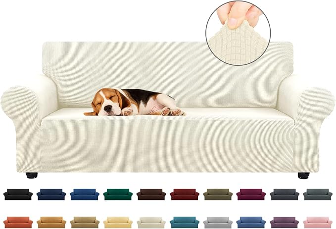 Stretch Couch Covers for Sofa, 3 Cushion Couch Slipcover,Beige | 1-Piece Washable Sofa Cover Pet Friendly(78"-94") Furniture Protector Soft Jacquard, Elastic Bottom for Dogs & Kids