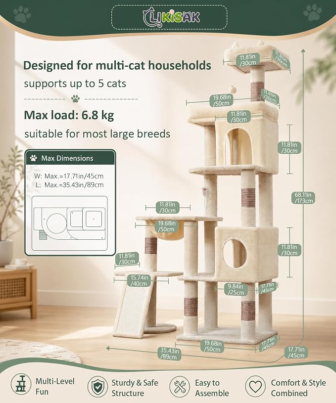 68 Inches Heavy Duty Cat Tree for Indoor Cat, Big Cat Tower | Cat Houses & Tree Tower with 2 Condos, Sisal Scratching Posts & Large Platform for Indoor Cats Large Adult, Beige