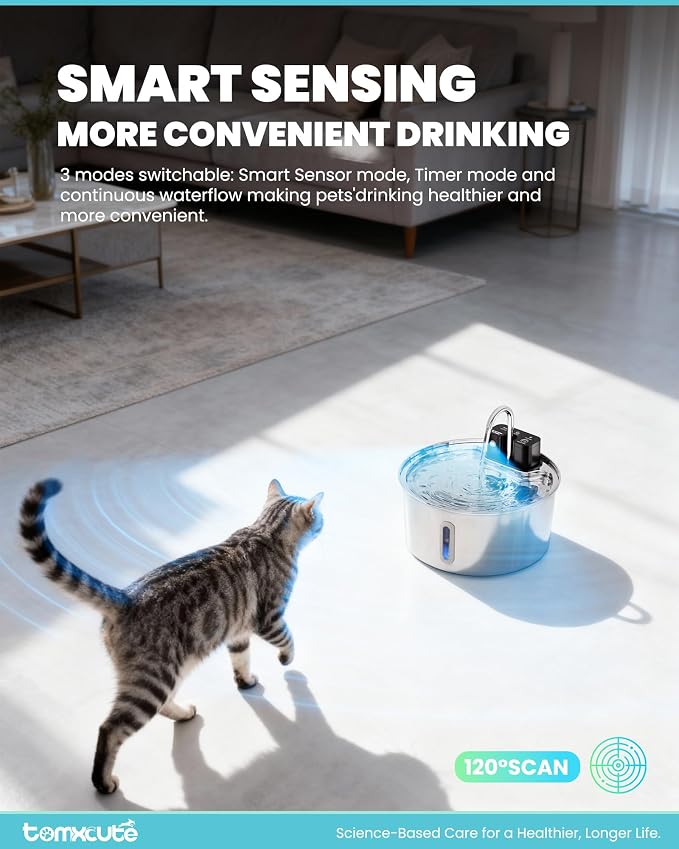 Tomxcute Cat Water Fountain Stainless Steel, 108oz Wireless Pet Fountain | 3 Smart Water Supply Modes Automatic Battery Operated Fountain with 3 Replacement Filters for Cats, Dogs, Multiple Pets