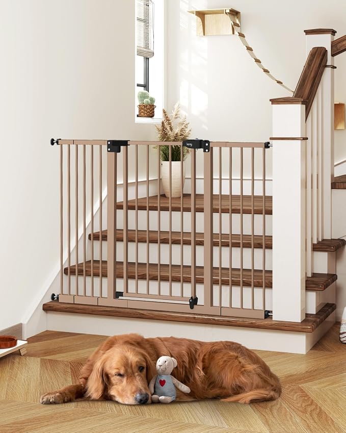keny 29"-47.3" Extra Wide Baby Gate for Stairs, Auto Close Safety Dog Gate | Pressure Mounted No Drilling Pet Gate for Doorways, Easy Walk Through Stair Gate for Kids Todder, 30" Tall, Brown