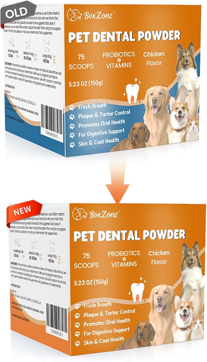 Dog Teeth Cleaning Powder - Plaque & Tartar Control, Breath Fresheners | With Natural Seaweed, Probiotics, Vitamins, Turmeric & Enzymes for All Dogs & Cats (Chicken Flavor, 75 Scoops)