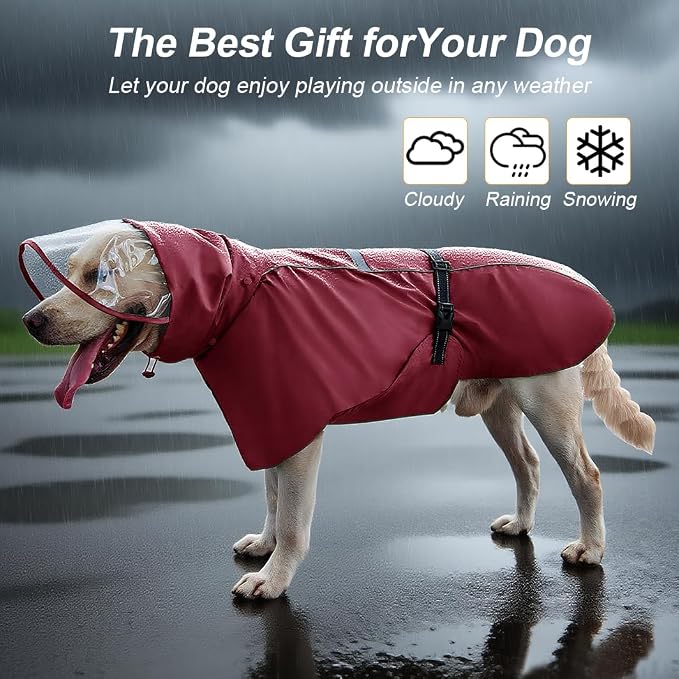 Pet Dog Raincoat Jacket Large Dog Rain Poncho with Transparent Hood, Double-Layer Structure, Adjustable, Waterproof, and Reflective, Suitable for Medium to Large (Wine Red, 2XL)