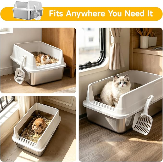 Stainless Steel Cat Litter Box with Scoop,M Metal Pan for Kittens | Metal Litter Box with High Sides & Lid, Open Top Low Entry , Non-Stick Easy Clean ，Kitty Cat Box for Indoor Cats, High Wall