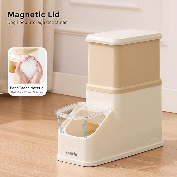 ZOMISIA 15lbs First-in, First-out Dog Food Storage Container | FIFO System Easy Dispense Base for Freshness, Cat Food Storage Containers with Transparent Lid and Scoop