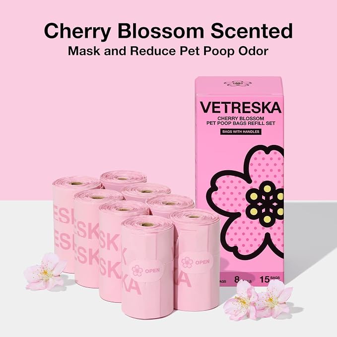 VETRESKA Dog Poop Bags with Handles 120 Count, Floral Scented Waste Bags | Leak-Proof Thick Dog Bags for Poop, Easy-Tie Large Poop Bags, 8 Refill Rolls for Dog Walking Cat Litter