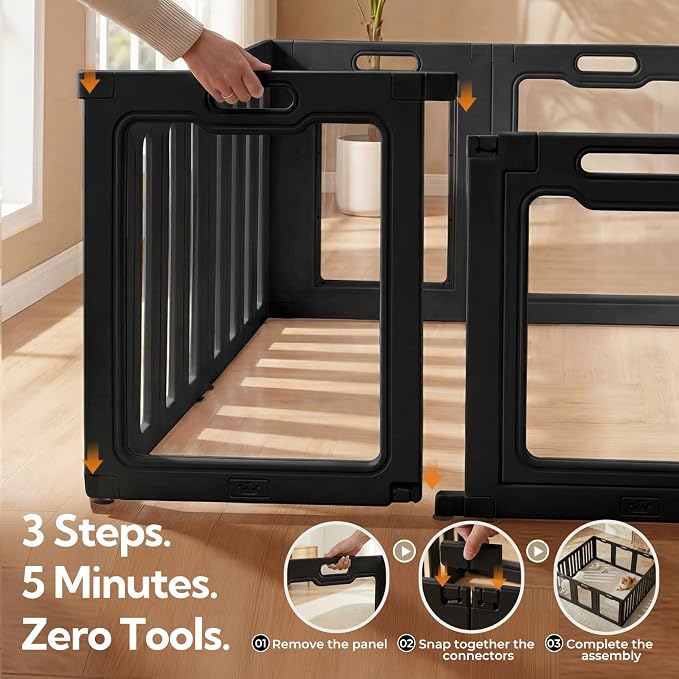Soulbond Clear Acrylic Dog Playpen Indoor (24 Inch, Black, 12 Panels) | Non-Slip,Tool-Free Assembly, External Door Lock Play Pen for Puppies and Small Dogs