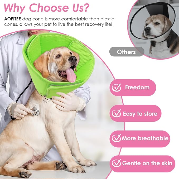 AOFITEE Soft Dog Cone, Adjustable Cones for Dogs After Surgery, Comfy Dog Cone Collar Alternative to Stop Licking, Elizabethan Recovery Collar for Large Dogs(Green,Large)